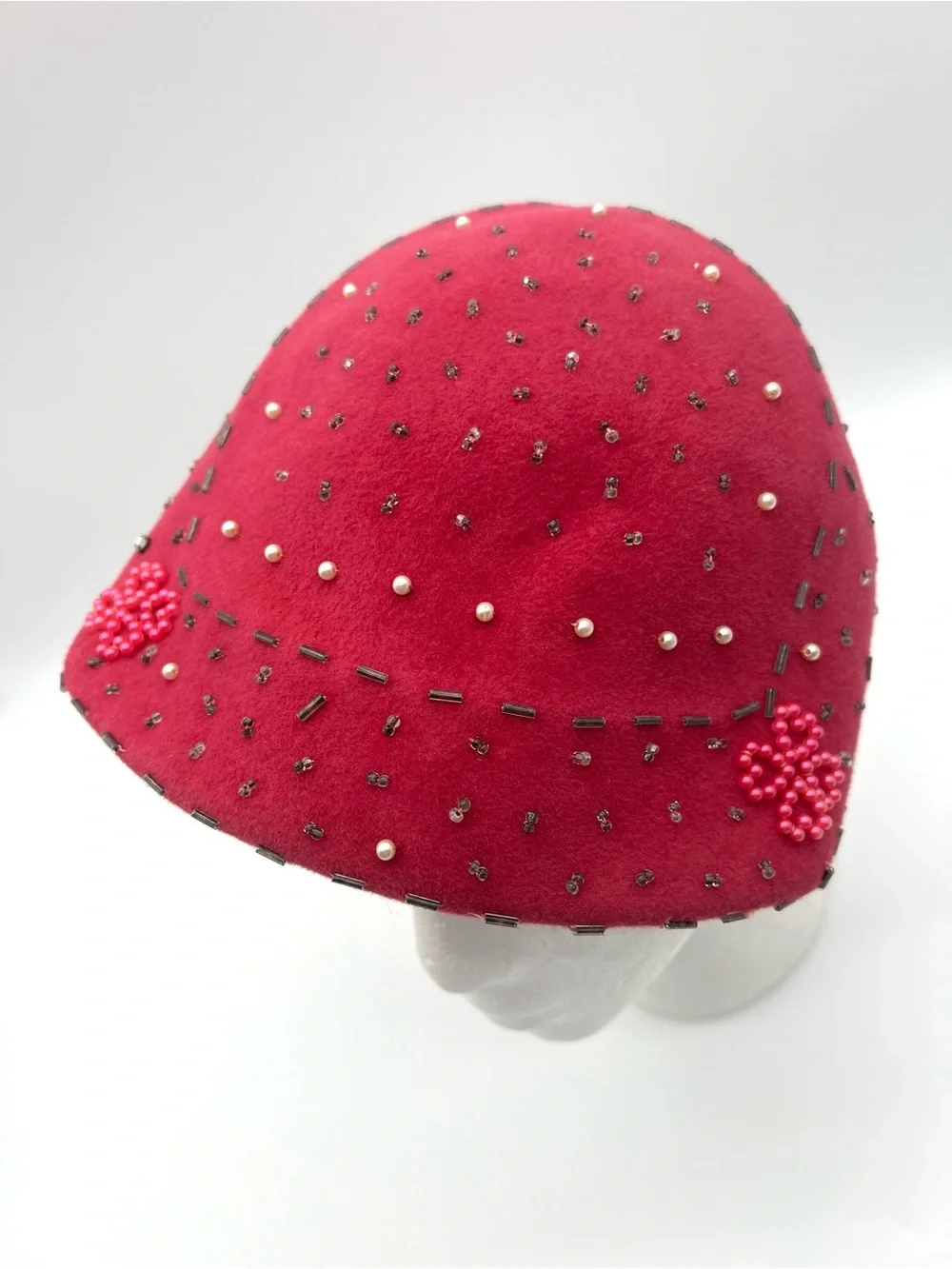 Vintage Lee Pink Genuine Velour Beaded Cocktail Hat Pearls Floral 1940s mid cent